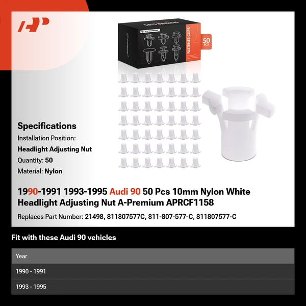 1990-1991 1993-1995 Audi 90 50 Pcs 10mm Nylon White Headlight Adjusting Nut A-Premium APRCF1158
