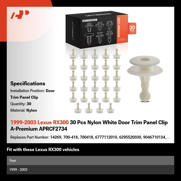 1999-2003 Lexus RX300 30 Pcs Nylon White Door Trim Panel Clip A-Premium APRCF2734