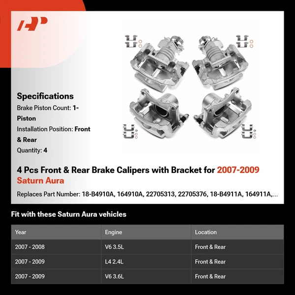 4 Pcs Front & Rear Brake Calipers with Bracket for 2007-2009 Saturn Aura