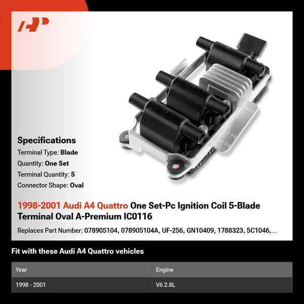 1998-2001 Audi A4 Quattro One Set-Pc Ignition Coil 5-Blade Terminal Oval A-Premium IC0116
