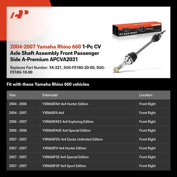 2004-2007 Yamaha Rhino 660 1-Pc CV Axle Shaft Assembly Front Passenger Side A-Premium APCVA2031