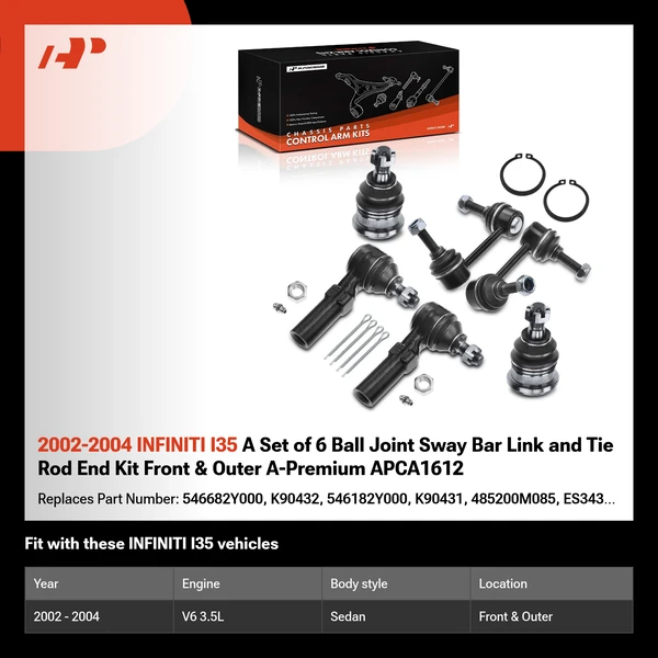 2002-2004 INFINITI I35 A Set of 6 Ball Joint Sway Bar Link and Tie Rod End Kit Front & Outer A-Premium APCA1612