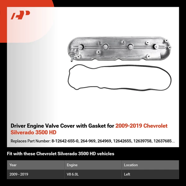 Driver Engine Valve Cover with Gasket for 2009-2019 Chevrolet Silverado 3500 HD
