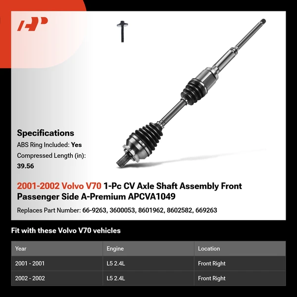 2001-2002 Volvo V70 1-Pc CV Axle Shaft Assembly Front Passenger Side A-Premium APCVA1049
