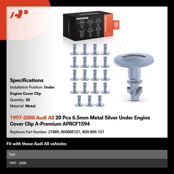 1997-2000 Audi A8 20 Pcs 6.5mm Metal Silver Under Engine Cover Clip A-Premium APRCF1594