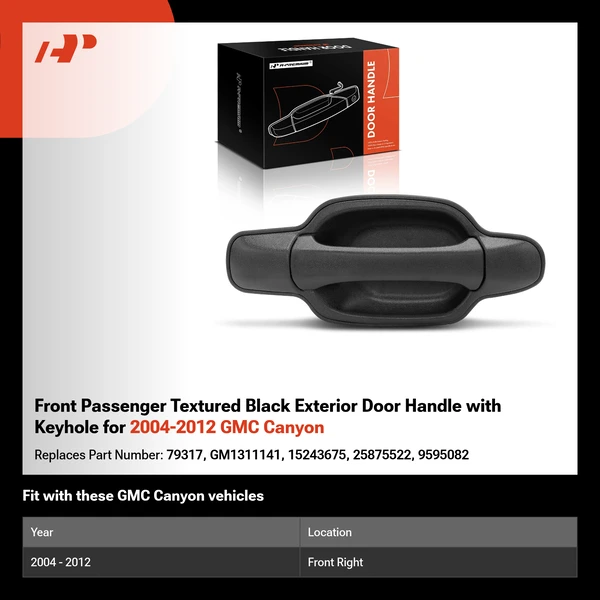 Front Passenger Textured Black Exterior Door Handle with Keyhole for 2004-2012 GMC Canyon