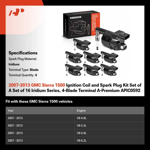 2007-2013 GMC Sierra 1500 Ignition Coil and Spark Plug Kit Set of A Set of 16 Iridium Series, 4-Blade Terminal A-Premium APIC0592