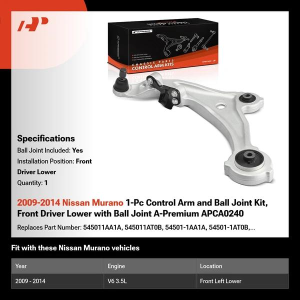 2009-2014 Nissan Murano 1-Pc Control Arm and Ball Joint Kit, Front Driver Lower with Ball Joint A-Premium APCA0240