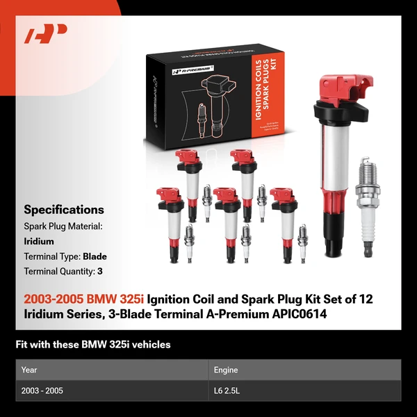 2003-2005 BMW 325i Ignition Coil and Spark Plug Kit Set of 12 Iridium Series, 3-Blade Terminal A-Premium APIC0614