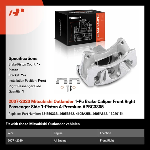 2007-2020 Mitsubishi Outlander 1-Pc Brake Caliper Front Right Passenger Side 1-Piston A-Premium APBC3805