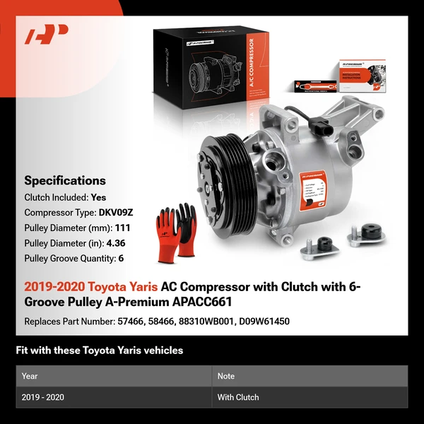 2019-2020 Toyota Yaris AC Compressor with Clutch with 6-Groove Pulley A-Premium APACC661