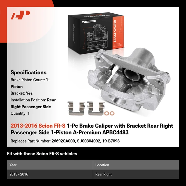 2013-2016 Scion FR-S 1-Pc Brake Caliper with Bracket Rear Right Passenger Side 1-Piston A-Premium APBC4483