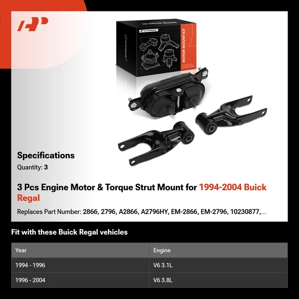 3 Pcs Engine Motor & Torque Strut Mount for 1994-2004 Buick Regal