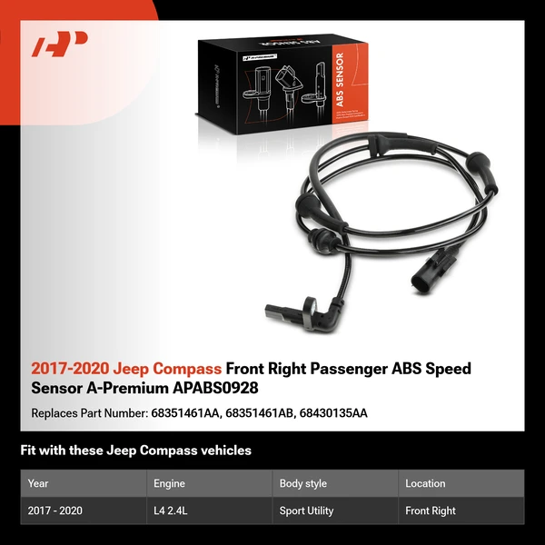 2017-2020 Jeep Compass Front Right Passenger ABS Speed Sensor A-Premium APABS0928