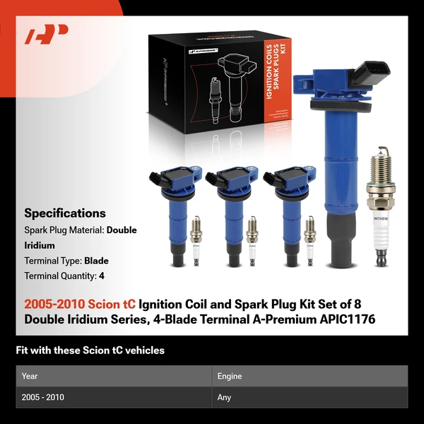 2005-2010 Scion tC Ignition Coil and Spark Plug Kit Set of 8 Double Iridium Series, 4-Blade Terminal A-Premium APIC1176