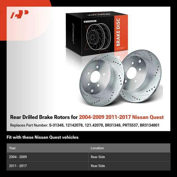 Rear Drilled Brake Rotors for 2004-2009 2011-2017 Nissan Quest