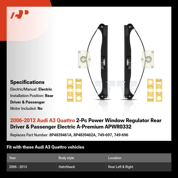 2006-2012 Audi A3 Quattro 2-Pc Power Window Regulator Rear Driver & Passenger Electric A-Premium APWR0332