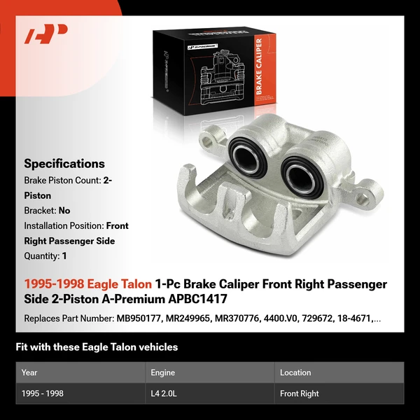 1995-1998 Eagle Talon 1-Pc Brake Caliper Front Right Passenger Side 2-Piston A-Premium APBC1417