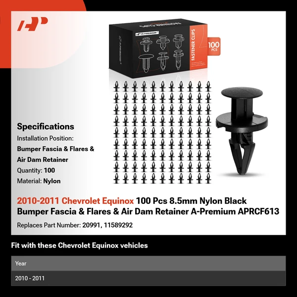 2010-2011 Chevrolet Equinox 100 Pcs 8.5mm Nylon Black Bumper Fascia & Flares & Air Dam Retainer A-Premium APRCF613