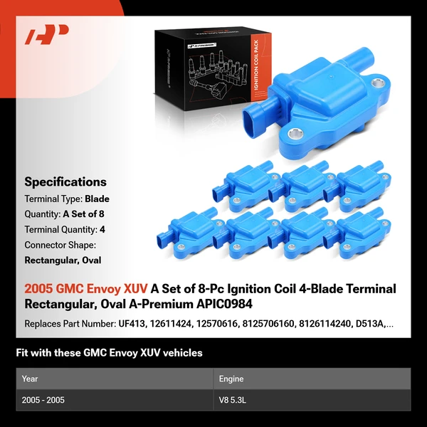 2005 GMC Envoy XUV A Set of 8-Pc Ignition Coil 4-Blade Terminal Rectangular, Oval A-Premium APIC0984