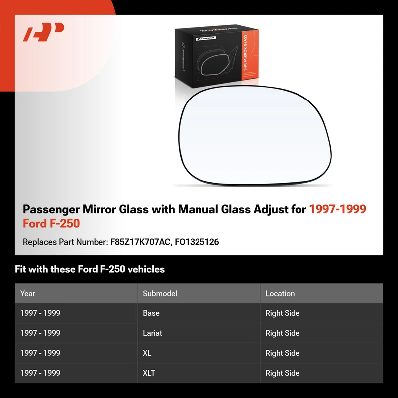 Passenger Mirror Glass with Manual Glass Adjust for 1997-1999 Ford F-250