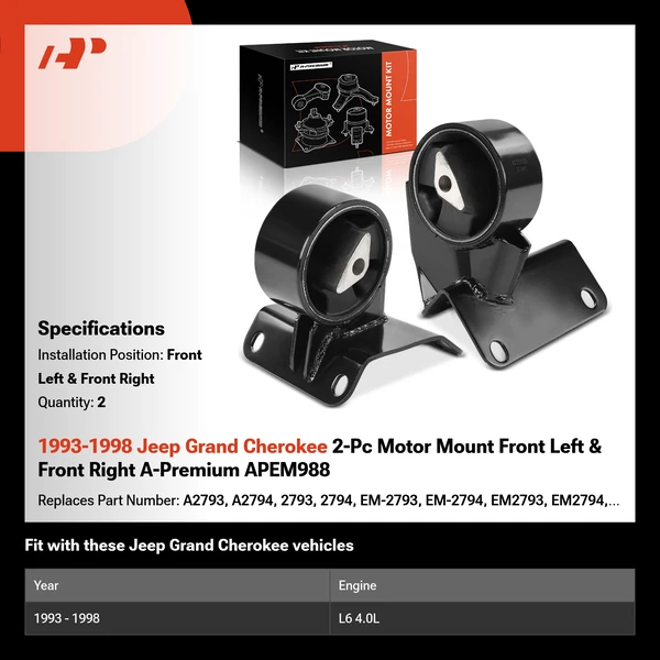 1993-1998 Jeep Grand Cherokee 2-Pc Motor Mount Front Left & Front Right A-Premium APEM988