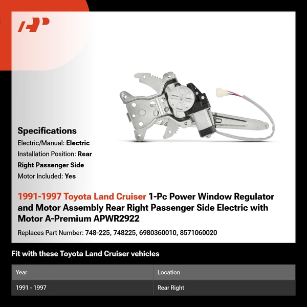 1991-1997 Toyota Land Cruiser 1-Pc Power Window Regulator and Motor Assembly Rear Right Passenger Side Electric with Motor A-Premium APWR2922