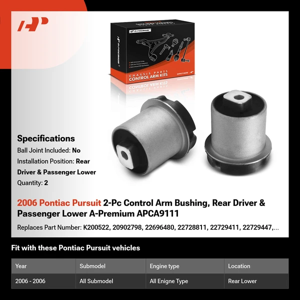 2006 Pontiac Pursuit 2-Pc Control Arm Bushing, Rear Driver & Passenger Lower A-Premium APCA9111
