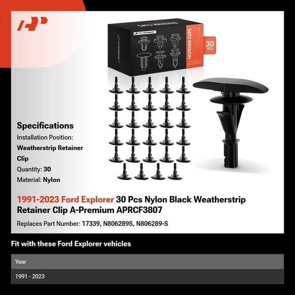 1991-2023 Ford Explorer 30 Pcs Nylon Black Weatherstrip Retainer Clip A-Premium APRCF3807