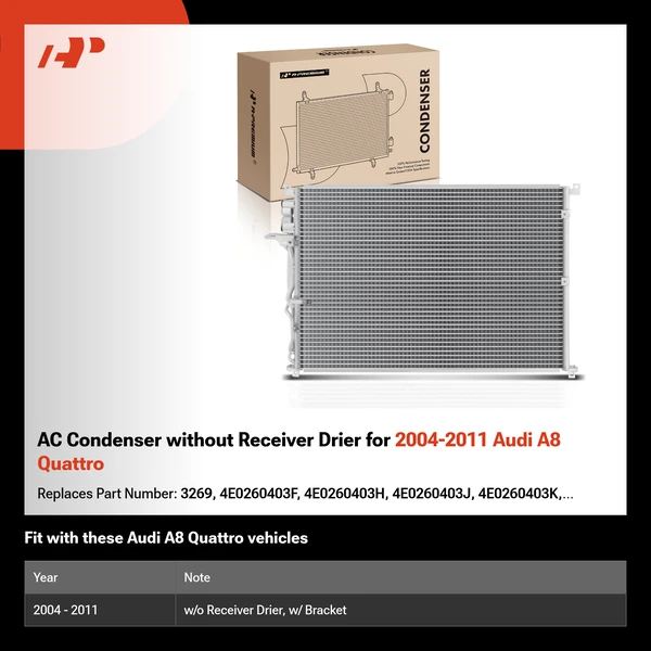AC Condenser without Receiver Drier for 2004-2011 Audi A8 Quattro