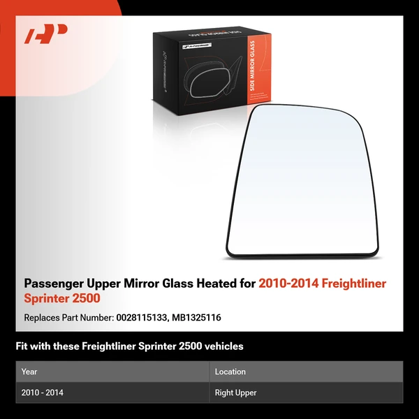 Passenger Upper Mirror Glass Heated for 2010-2014 Freightliner Sprinter 2500