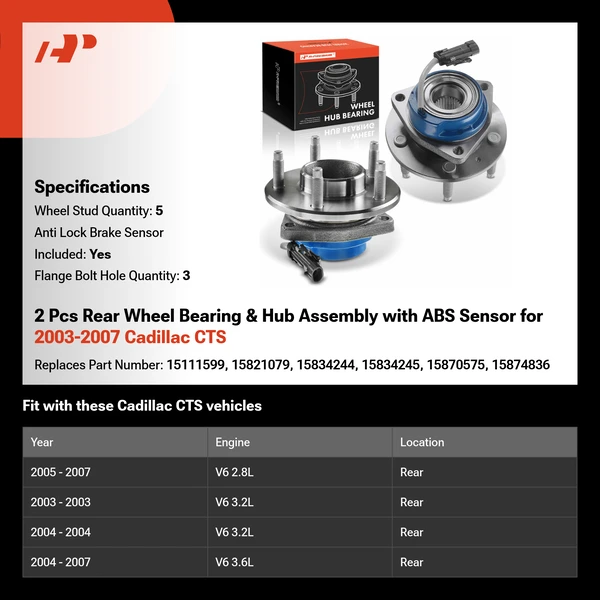2 Pcs Rear Wheel Bearing & Hub Assembly with ABS Sensor for 2003-2007 Cadillac CTS