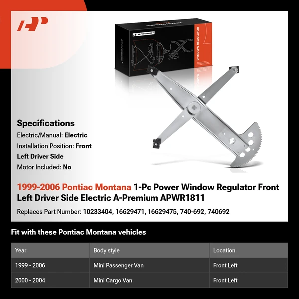 1999-2006 Pontiac Montana 1-Pc Power Window Regulator Front Left Driver Side Electric A-Premium APWR1811