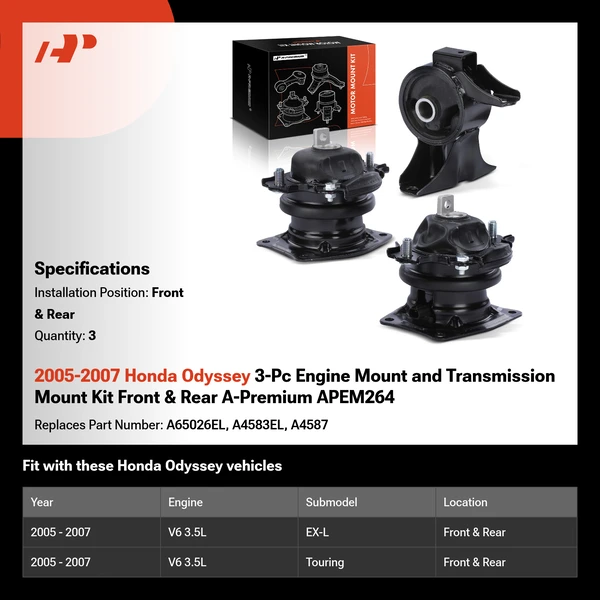2005-2007 Honda Odyssey 3-Pc Engine Mount and Transmission Mount Kit Front & Rear A-Premium APEM264