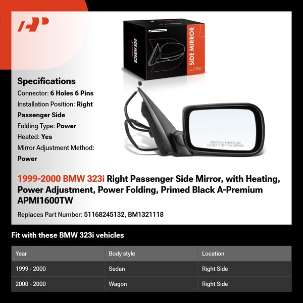 1999-2000 BMW 323i Right Passenger Side Mirror, with Heating, Power Adjustment, Power Folding, Primed Black A-Premium APMI1600TW