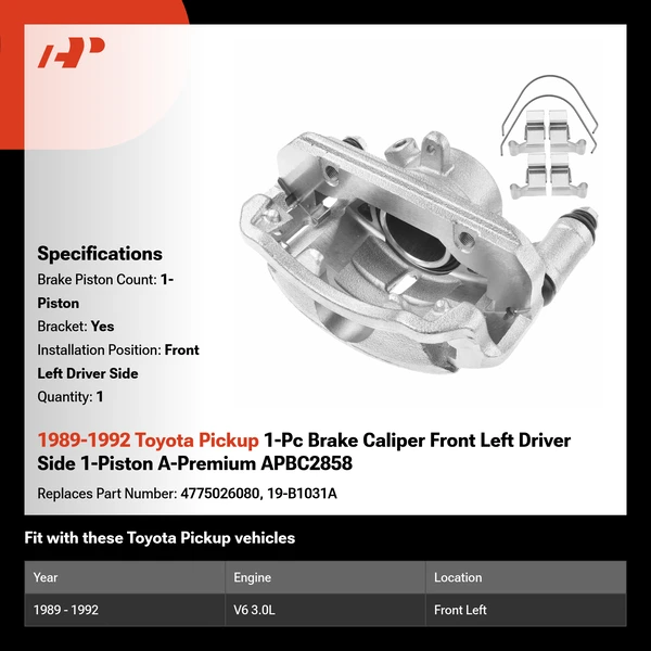 1989-1992 Toyota Pickup 1-Pc Brake Caliper Front Left Driver Side 1-Piston A-Premium APBC2858