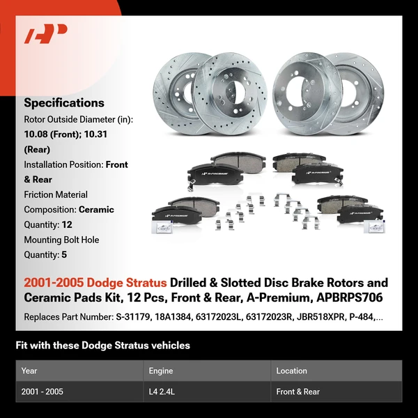 2001-2005 Dodge Stratus Drilled & Slotted Disc Brake Rotors and Ceramic Pads Kit, 12 Pcs, Front & Rear, A-Premium, APBRPS706