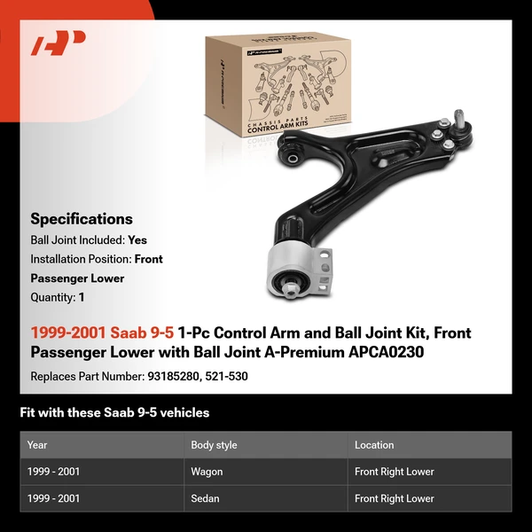 1999-2001 Saab 9-5 1-Pc Control Arm and Ball Joint Kit, Front Passenger Lower with Ball Joint A-Premium APCA0230