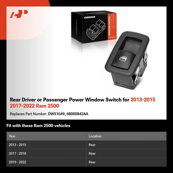Rear Driver or Passenger Power Window Switch for 2013-2015 2017-2022 Ram 2500