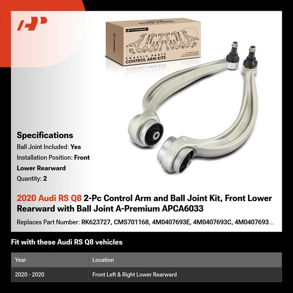 2020 Audi RS Q8 2-Pc Control Arm and Ball Joint Kit, Front Lower Rearward with Ball Joint A-Premium APCA6033
