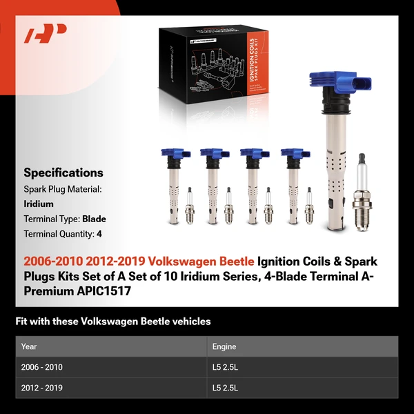2006-2010 2012-2019 Volkswagen Beetle Ignition Coils & Spark Plugs Kits Set of A Set of 10 Iridium Series, 4-Blade Terminal A-Premium APIC1517