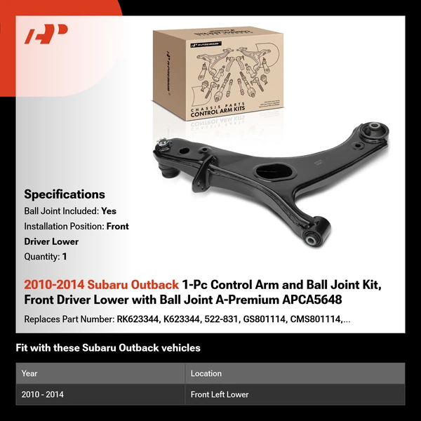 2010-2014 Subaru Outback 1-Pc Control Arm and Ball Joint Kit, Front Driver Lower with Ball Joint A-Premium APCA5648