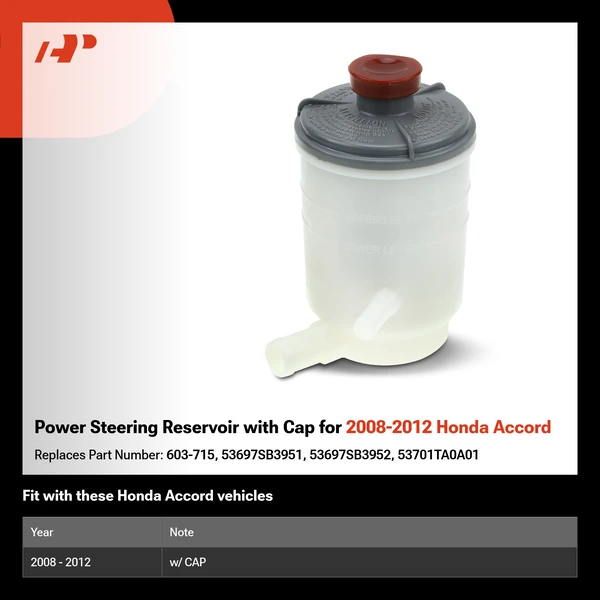 Power Steering Reservoir with Cap for 2008-2012 Honda Accord