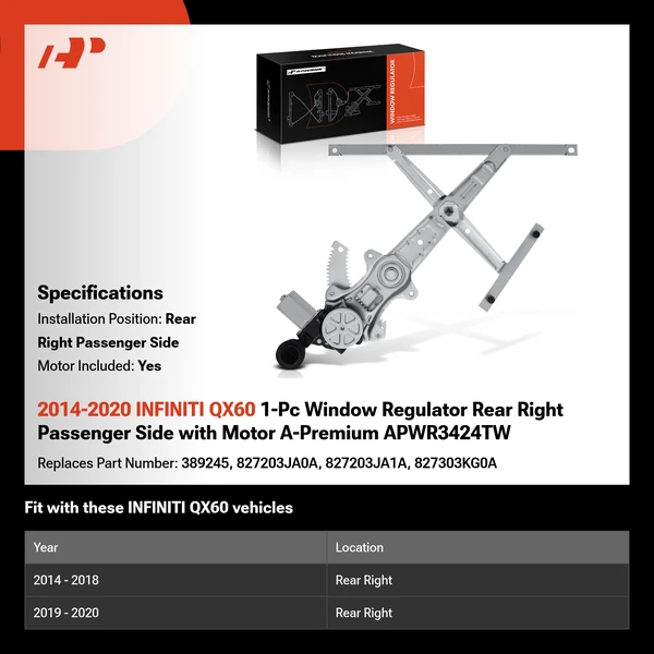 2014-2020 INFINITI QX60 1-Pc Window Regulator Rear Right Passenger Side with Motor A-Premium APWR3424TW