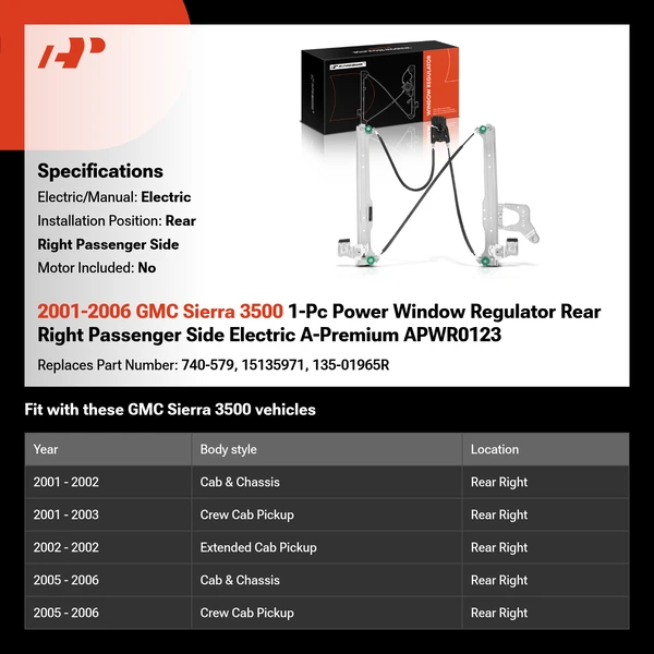 2001-2006 GMC Sierra 3500 1-Pc Power Window Regulator Rear Right Passenger Side Electric A-Premium APWR0123