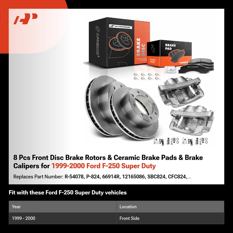 8 Pcs Front Disc Brake Rotors & Ceramic Brake Pads & Brake Calipers for 1999-2000 Ford F-250 Super Duty
