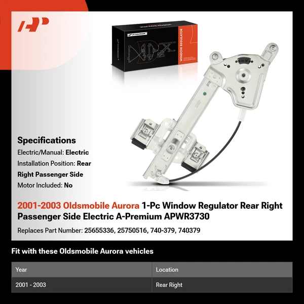 2001-2003 Oldsmobile Aurora 1-Pc Window Regulator Rear Right Passenger Side Electric A-Premium APWR3730