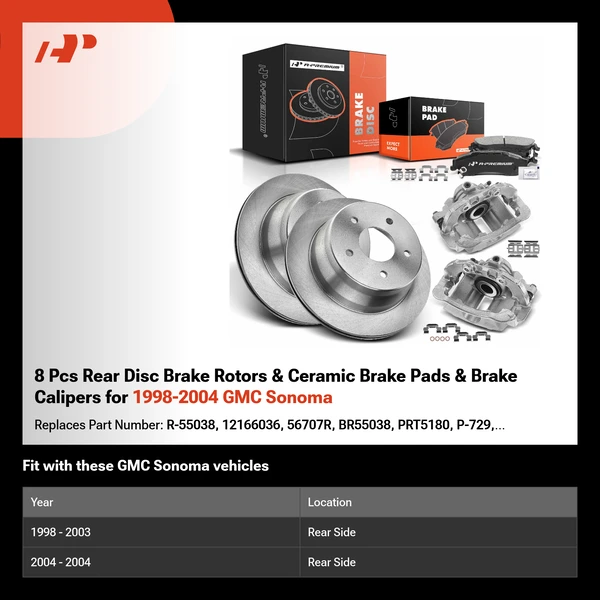 8 Pcs Rear Disc Brake Rotors & Ceramic Brake Pads & Brake Calipers for 1998-2004 GMC Sonoma