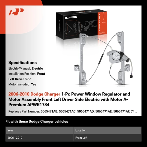 2006-2010 Dodge Charger 1-Pc Power Window Regulator and Motor Assembly Front Left Driver Side Electric with Motor A-Premium APWR1734