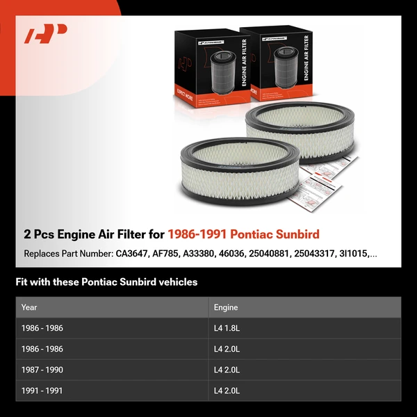 2 Pcs Engine Air Filter for 1986-1991 Pontiac Sunbird